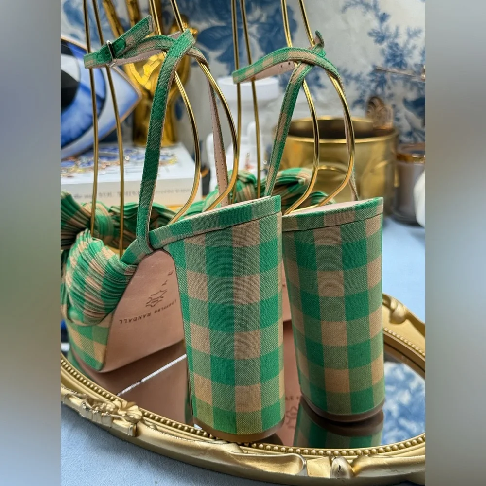 🆕 LOEFFLER RANDALL 🧿 NWOB Natalia Pleated Bow Platform Sandal, Plaid Green Sz7